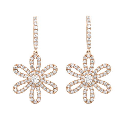 An image of a pair of Rachel Koen women's earrings with diamonds, displayed frontally against a white background. Each earring features a flower-shaped drop design with multiple round cut diamonds encrusted in rose gold. A slender, diamond-studded vertical bar connects the floral element to the earring's hoop. The earrings are positioned parallel to each other, with a symmetrical and close-up view, emphasizing the sparkle and detailed craftsmanship.