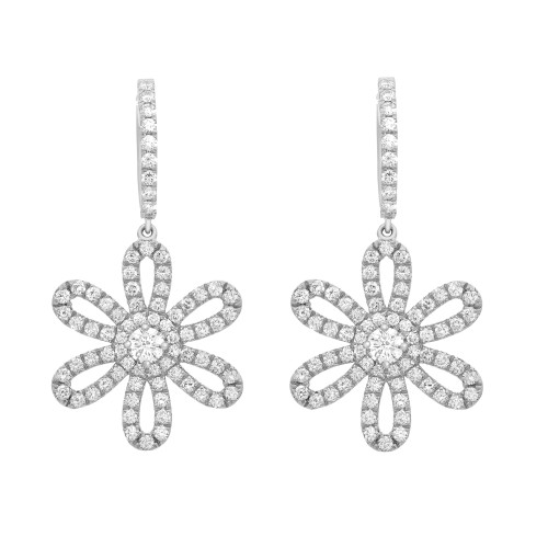 An image of a pair of Rachel Koen women's earrings with diamonds, displayed front-facing. The earrings feature a floral design with a central diamond embellishments encrusted with smaller round cut diamonds in white gold. They are hanging vertically with a straight, diamond-studded bar connecting to the flower element. The image is taken from a straight-on perspective, showing the earrings at an equal distance from the viewer and in clear focus against a white background.