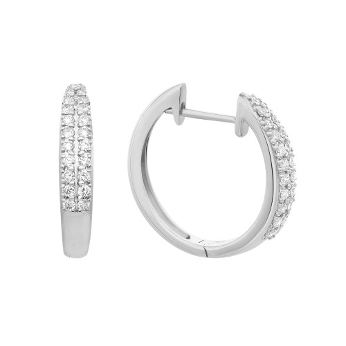 An image of a pair of Rachel Koen women's hoop earrings with diamonds. The earrings are shown against a white background, with one earring facing front showing the outer row of diamonds and the other earring is turned 90 degrees to the right, revealing the side view and the inner structure. The round cut diamonds are set along the front curve of the hoops, sparkling against white gold. The earrings are positioned centrally and shot from a close, front-facing angle, allowing for clear visibility of the details and craftsmanship.
