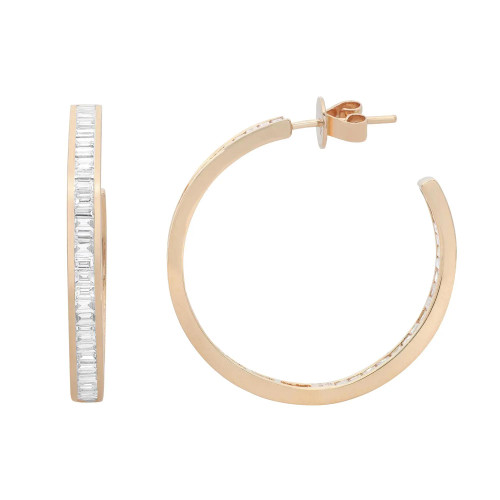 An image of a Rachel Koen brand earring with diamonds designed for women. The earring is displayed in a close-up front view, positioned vertically with the left side slightly closer to the viewer, emphasizing its hoop shape. The earring is crafted in yellow gold and features a row of baguette-cut diamonds set along the front edge, presenting a sleek and elegant appearance.