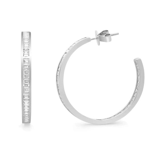 An image of a Rachel Koen women's earring with diamonds, showcasing a hoop design. The earring is photographed against a white background with one side facing forward, revealing the row of baguette cut diamonds set along the front edge, and the other side turned to display the thickness and profile of the hoop in white gold. The earring is positioned in the center of the frame, with a close-up view that emphasizes the sparkle of the diamonds and the polished finish.