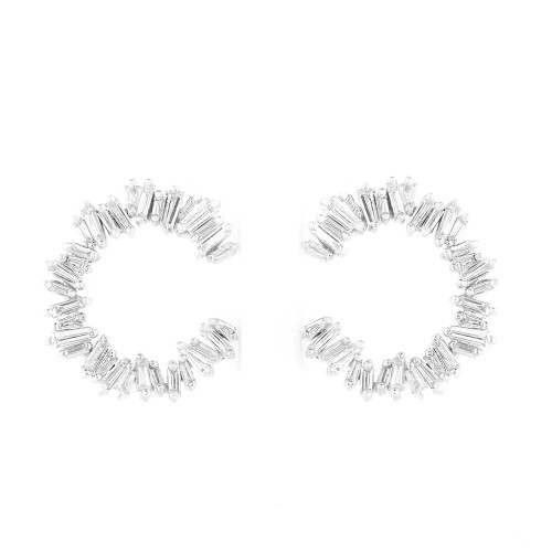 An image of a pair of Rachel Koen women's earrings with diamonds displayed against a white background. The earrings are positioned centrally in the frame, facing the viewer head-on. They are designed in a circular hoop shape, featuring multiple vertically set baguette diamonds that create a radiant, sparkling effect in white gold. Each earring is placed with a slight angle, offering a view of the stones' facets and the hoop's full circle. The image is taken from a close distance, showcasing the intricate details and the brilliance of the diamonds.