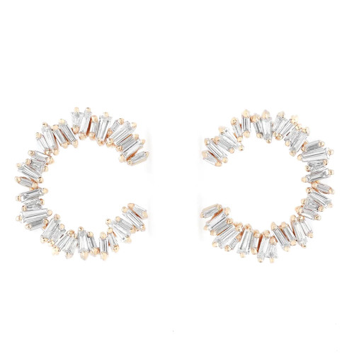 An image of a pair of Rachel Koen women's hoop earrings with diamonds, displayed frontally against a white background. The earrings are designed with multiple baguette-cut diamonds set in a circular formation, creating a radiant, sparkling effect. The diamonds are mounted on a yellow gold base, which adds a warm contrast to the clear stones. The earrings are positioned parallel to each other, with equal distance between them, showcasing their symmetry and intricate design from a straight-on angle.