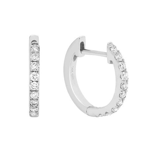 An image of a pair of Rachel Koen branded unisex adult hoop earrings with diamonds, displayed against a plain background. The earring on the left is positioned vertically showing a side view, while the earring on the right is presented in a front-facing view. Both earrings feature a line of sparkling round diamonds set along the outer edge, visible from both angles in white gold. The earrings are centered in the frame, with a close-up view to highlight the diamond details and the shiny metal, marked with "14K" indicating the metal purity.