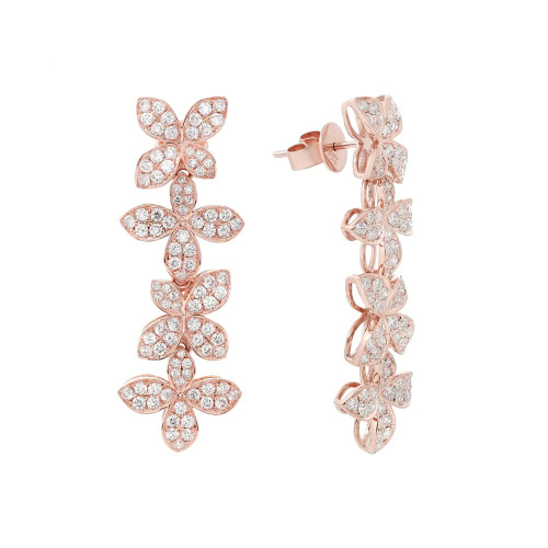 An image of a pair of Rachel Koen women's earrings with diamonds, displayed against a white background. The earrings are crafted in a rose gold metal with multiple flower elements adorned with sparkling round cut diamonds. The left earring is positioned vertically, showing a front-facing view, while the right earring is angled to display the side profile. Both earrings are equidistant from the viewer, offering a clear view of their intricate design and luxurious detailing.