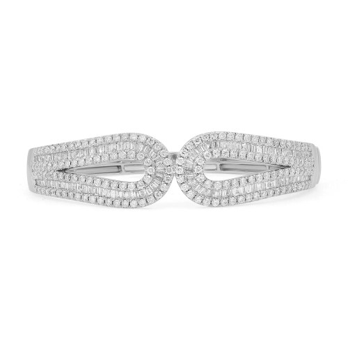 An image of a Rachel Koen women's bracelet with diamonds, displayed against a white background. The bracelet features a double-link design with encrusted diamonds throughout. The shot is taken from a front angle, with the bracelet occupying the central portion of the frame, allowing a detailed view of the baguette and round cut diamond patterns and the clasp mechanism in white gold. The distance is close enough to highlight the sparkle of the diamonds and the intricate craftsmanship, yet wide enough to show the full design of the top side of the bracelet.