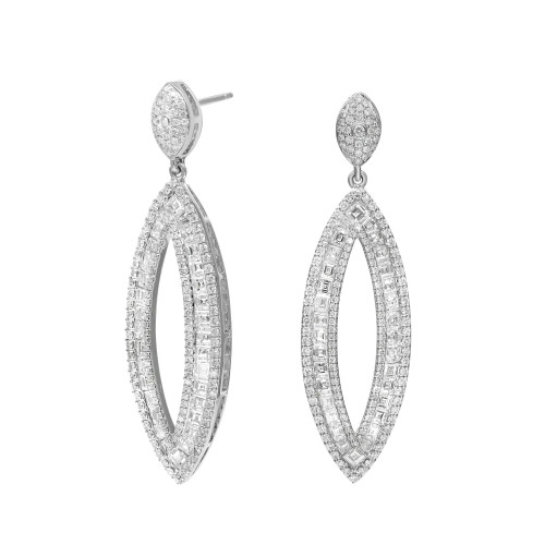 An image of a pair of Rachel Koen women's earrings with diamonds, displayed against a white background. The earrings feature a front-facing, hoop design, encrusted with baguette cut diamonds with an outline of round cut diamonds along the entire circumference in white gold. Each earring has a diamond-studded teardrop-shaped stud at the top, from which the oval hoop dangles. The image is taken from a straight-on angle at a close distance, highlighting the intricate detail and the reflective quality of the diamonds.