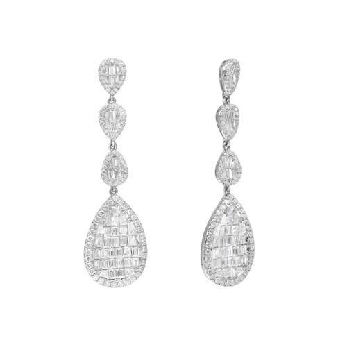An image of a pair of Rachel Koen women's earrings with diamonds. The earrings are shown head-on against a white background, positioned symmetrically about a central vertical axis. Each earring features a series of linked baguette and round diamond-encrusted shapes: a small oval at the top and middle, followed by a larger oval at the end, all sparkling with meticulously arranged diamonds in white gold. The earrings are displayed at a medium distance, allowing for clear visibility of their intricate details and the reflective quality of the diamonds.