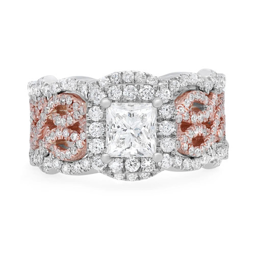 An image of a Rachel Koen women's ring with diamonds, displayed at a direct frontal angle giving a clear view. It features a prominent princess-cut diamond centered on a white and rose gold band, flanked by intricate round cut diamonds set in a patterned design, with a white background at close range to enhance detail visibility.