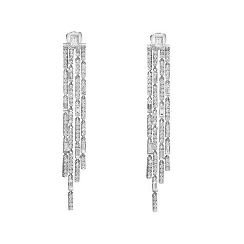 An image of a pair of Rachel Koen women's earrings with diamonds, showcased against a white background. The earrings are positioned vertically, side by side, at a direct front-facing angle. The design features a series of elongated, sparkling round cut diamonds encrusted bars, arranged in a linear tassel drop style, offering a clear view of the intricate details and reflective surfaces. The distance from the viewer is close enough to capture the brilliance of the diamonds and the overall elegance of the earrings.