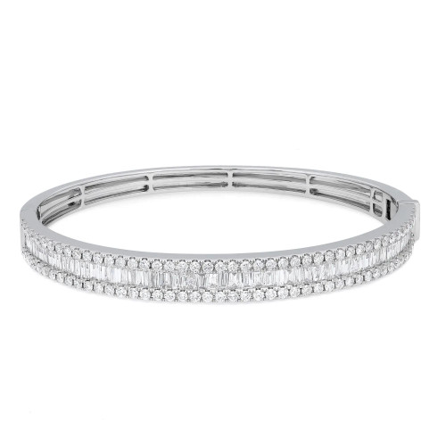 An image of a Rachel Koen women's bracelet with diamonds, displayed frontally at a mid-range distance on a white background. The bracelet is positioned horizontally in the center of the frame, showcasing a full view of the diamond-encrusted bracelet that glitters with round and baguette-cut stones set in a polished white gold metal. The clasp is visible on the right side, indicating the bracelet's functionality and elegance.
