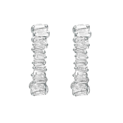 An image of a pair of Rachel Koen women's earrings with diamonds, displayed frontally on a white background. The earrings are vertically aligned and show a series of baguette cut diamonds stacked in a huggie design in white gold. The view is head-on, and the earrings are shown in close-up, with no other objects or distractions, providing a clear view of the jewelry's detail and craftsmanship.