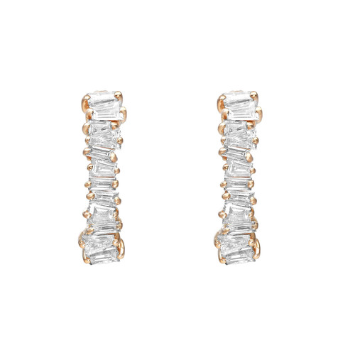 An image of a pair of Rachel Koen women's earrings with diamonds, displayed vertically and symmetrically against a white background. The earrings feature a series of baguette cut diamonds set in yellow gold huggie style earring. The view is front-facing with the earrings appearing equidistant from the viewer, showcasing the sparkle and design clearly.