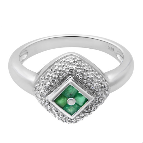 An image of a Rachel Koen women's ring with diamonds and green emerald, centered and viewed from a top-down angle. The ring features a polished 14k white gold band with a square setting encrusted with multiple small diamonds, framing a smaller square of vibrant green emerald. The image is taken from a close distance, providing a clear view of the ring's design and the intricate details of the emerald and diamonds. The condition of the ring is pre owned. 