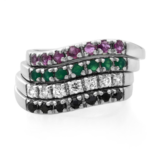 Front view of a four band ring showcasing seven prong set ruby, emerald, diamond and sapphire studded in white gold band rings