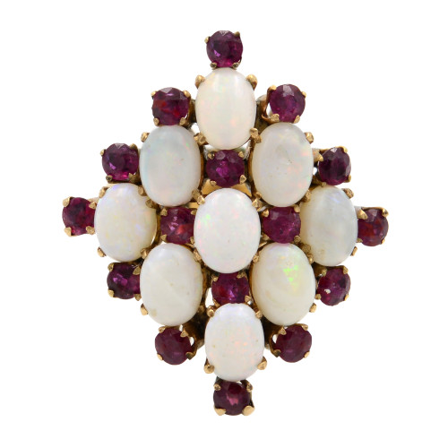 An image of a women's yellow gold ring by Rachel Koen featuring a cluster design with alternating oval opal and round ruby gemstones. The ring is viewed from the top, showcasing its intricate arrangement and the vibrant colors of the stones. The image is captured at a close distance, highlighting the details and craftsmanship of the piece.