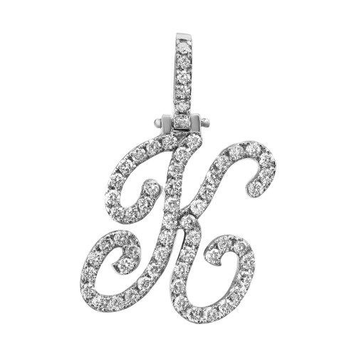 An image of a Rachel Koen brand unisex adult pendant with diamonds, showcasing a pendant in the shape of a stylized, cursive "K." The pendant is presented front and center against a white background, with a close-up view that highlights the sparkling round cut diamonds encrusted throughout the design in white gold. The pendant hangs vertically, with a loop at the top indicating where the necklace chain would be attached. The image is taken from a straight-on angle, providing a clear and detailed view of the jewelry piece.