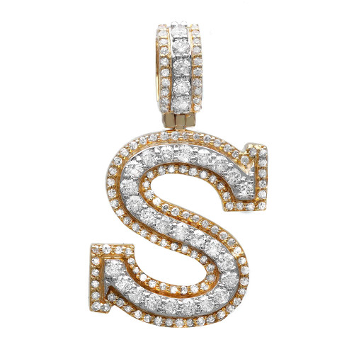 An image of a Rachel Koen brand unisex adult pendant with diamonds, shown in a frontal view against a white background. The pendant features a large, ornate letter 'S' initial, encrusted with numerous round-cut diamonds set in yellow gold. The diamonds are arranged in multiple rows along the curves of the letter, with a contrasting pattern of larger diamonds set on the outer edges and smaller diamonds filling the inner spaces. The pendant is attached to a matching yellow gold bail adorned with two rows of diamonds, allowing it to be hung from a chain. The shot is taken from a close distance, allowing for clear visibility of the intricate details and the sparkling quality of the diamonds.