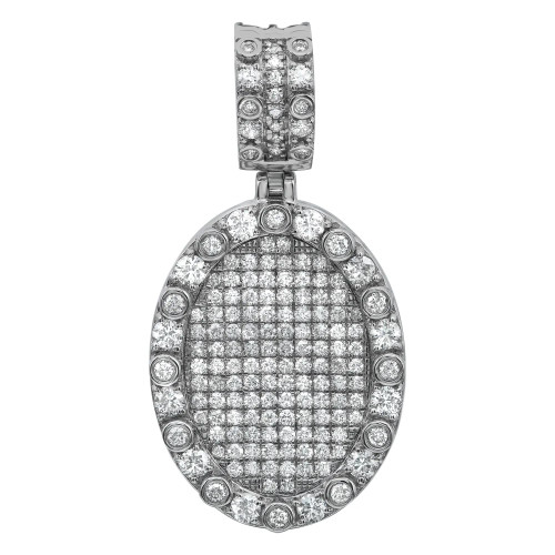 An image of a Rachel Koen brand unisex adult pendant with diamonds, shown in a close-up front view against a white background. The pendant is circular with a dense arrangement of small round cut diamonds filling the center, surrounded by a ring of larger diamonds, and a vertical bar set with a row of diamonds serving as the bail for the chain. The piece is displayed head-on, with no visible angles, offering a clear, detailed view of the diamonds' intricate setting and the pendant's reflective surfaces.