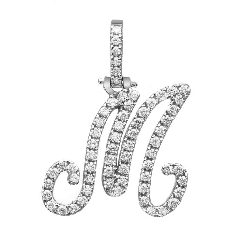 An image of a Rachel Koen brand unisex adult diamond pendant. The 'M' letter initial pendant, featuring an intricate design, is centered and displayed against a white background. It is positioned front-facing with a straight-on view, allowing for clear visibility of the sparkling round cut diamonds that cover the entire surface in white gold. The pendant hangs from a diamond-studded loop at the top, suggesting a vertical orientation. The distance from the viewer is such that the entire pendant is in focus, with fine details of the diamonds' arrangement and the pendant's curves visible. The pendant's design is elegant and symmetrical, emphasizing its luxurious and unisex appeal.