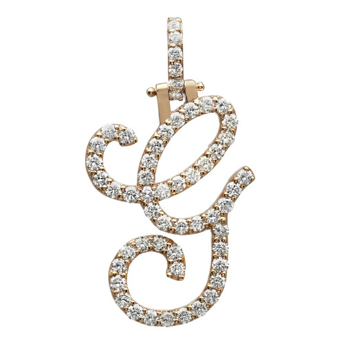 An image of a Rachel Koen brand unisex adult pendant with diamonds. The pendant is shown in a frontal view against a white background, positioned centrally and filling the frame. It features a 'G' letter initial design with multiple curves and loops, all encrusted with numerous small, sparkling round cut diamonds set in polished yellow gold. The pendant is displayed vertically with its loop at the top ready for a chain, and the image is taken from a close enough distance to showcase the details and craftsmanship of the diamonds' setting.