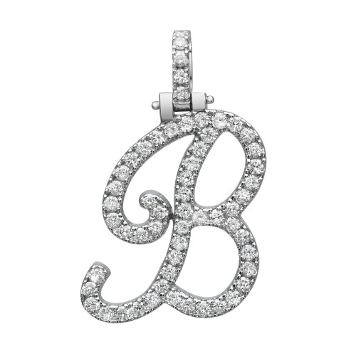 An image of a Rachel Koen brand unisex adult pendant with diamonds, featuring a pendant in the shape of the letter 'B' in white gold. The pendant is encrusted with numerous small, sparkling round cut diamonds and is shown in a straight-on view at a medium distance, with the pendant positioned centrally against a white background. The pendant loop at the top is also adorned with diamonds and is aligned vertically, indicating the necklace's orientation when worn.