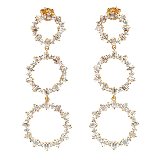 An image of a pair of Rachel Koen brand long drop earrings for women, featuring diamonds. The earrings are displayed frontally at a medium distance, allowing clear visibility of their design and details. Each earring consists of three concentric yellow gold circles adorned with multiple baguette and round-cut diamonds, connected vertically by a gold link. The earrings have a post backing visible at the top of the design. The image shows the earrings positioned parallel to each other, with a symmetrical and straight-on angle that highlights their elegance and intricate craftsmanship.