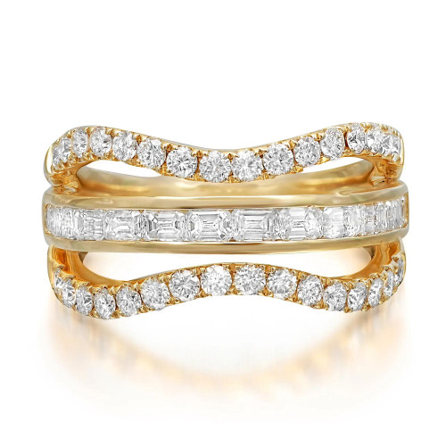 An image of a Rachel Koen women's ring with diamonds, displayed at a close frontal angle. The ring features multiple bands of yellow gold, with two bands encrusted with round-cut diamonds, and a central band adorned with baguette-cut diamonds in yellow gold. The luxurious bands twist elegantly, and the sparkling diamonds are visible in high resolution, emphasizing their clarity and the ring's intricate design. The image has a neutral, soft-focus background that accentuates the ring's detail and craftsmanship.