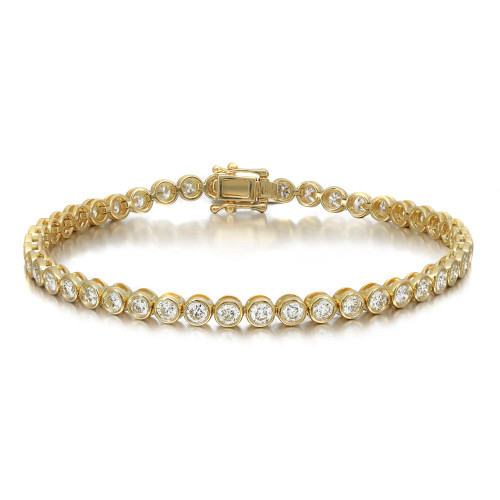 An image of a Rachel Koen women's tennis bracelet with diamonds, displayed in a straight line at a slight angle from left to right across the frame. The piece features a series of round-cut diamonds, each set in a circular yellow gold bezel. The bracelet is shown in a medium close-up view against a white background, emphasizing the sparkle of the diamonds and the golden hue of the metal. The clasp is visible at the top center, indicating the bracelet's functionality and design.