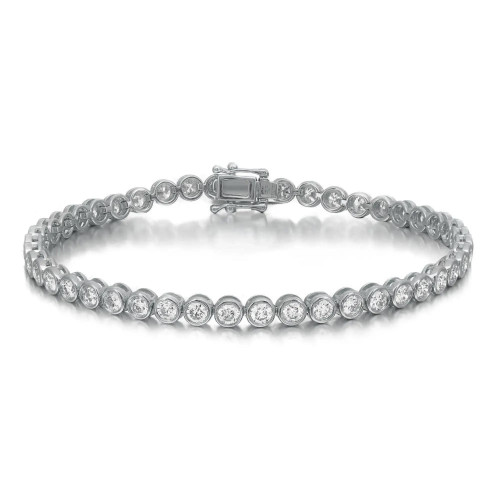 An image of a Rachel Koen brand unisex adult tennis bracelet with diamonds. The bracelet is photographed from a top view at a close distance, showcasing its full circle with a slight overlap at the front. It features a continuous row of round, bezel-set diamonds, creating a radiant and elegant appearance. The clasp is visible at the top center, slightly offset to the left, indicating the bracelet's opening mechanism. The background is uniform, emphasizing the bracelet's silvery shine and the sparkle of the diamonds.