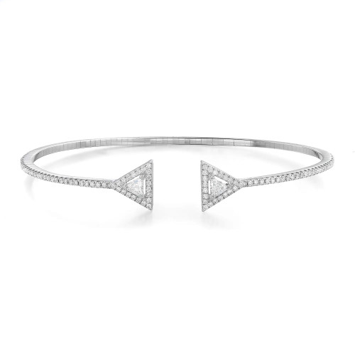 An image of a Messika women's Thea Skinny diamond open bracelet , displayed against a white background. The bracelet is centered and shown from a top-down angle, providing a clear view of its design. It features a slim, white gold band that is encrusted with small, round diamonds, leading to two larger, triangular-shaped settings adorned with multiple diamonds, which are positioned at the open ends of the cuff-style bracelet. The distance from the camera gives a full view of the piece, showcasing its elegance and intricate detailing.