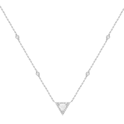 An image of a women's Messika Thea diamond chain 18k white gold necklace, displayed against a white background. The necklace features a delicate chain with evenly spaced, round-cut diamonds leading to a central, larger, triangle-shaped pendant encrusted with numerous smaller diamonds. The necklace is shown laid flat, with the chain forming a V-shape and the pendant positioned at the center bottom. 