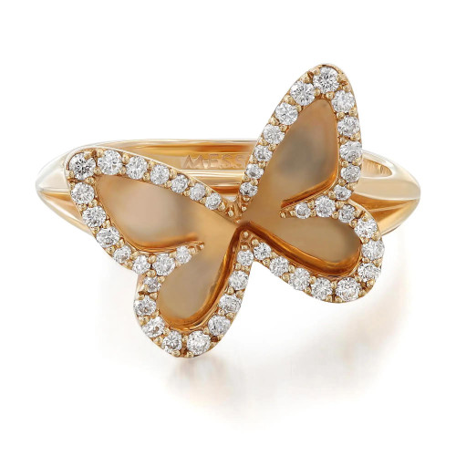 An image of a Messika women's Diamond Plaque Butterfly 18k rose gold ring. The ring is positioned at a slight angle, with the butterfly's right wing closer to the viewer, giving a three-dimensional perspective. The band is partially visible, and the ring is centered in the frame at a medium distance, allowing the intricate details and the sparkling diamonds that outline the butterfly to be clearly visible. The metal is rose gold, and the background is white, emphasizing the jewelry's elegance.