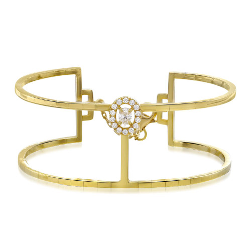 An image of a Messika women's Manch Glam'Azone 2 row bracelet with diamonds, displayed frontally and centered. The bracelet features a delicate yellow gold band with a geometric, angular design. At the center, there is a circular arrangement of sparkling diamonds creating a floral pattern. The image is taken from a close-up angle, providing a clear view of the diamonds' arrangement and the bracelet's polished gold surface. The bracelet is presented on a plain white background, emphasizing its elegance and intricate details.