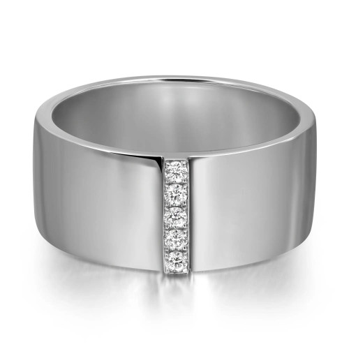 An image of a Messika branded women's Kate Diamond wide band 18k white gold ring. The ring is displayed centered and up close, with a front-facing view that shows a smooth, broad band with a vertical row of round-cut diamonds inset along the center. The polished white gold metal band reflects light, and the diamonds sparkle. The angle of the photograph captures the ring's width and the precise placement of the diamonds.