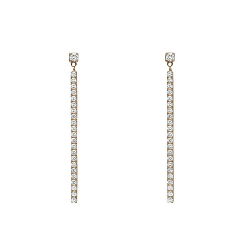 An image of a pair of Messika brand Barrette Gatsby earrings designed for women, featuring a linear drop style with multiple round-cut diamonds set in a 18k yellow gold. The earrings are presented in a frontal view, symmetrically aligned and vertically oriented, with a close-up perspective that highlights the sparkle and detail of the diamonds.