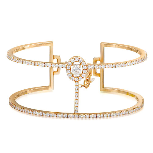 An image of a Messika women's Manch Glam'Azone 2 row 18k rose gold bracelet with diamonds, captured in high resolution from a top-down angle. The bracelet is presented on a neutral white background, positioned horizontally across the center of the frame, allowing for a clear view of its design and sparkling stones. The gold bracelet features a geometrical, open cuff design with a central circular motif encrusted with larger diamonds surrounded by a halo of smaller diamonds, and the bands are lined with evenly spaced, brilliant-cut diamonds, adding to its luxurious appearance. The distance from the camera ensures the entire bracelet is in focus, showcasing the craftsmanship and intricate details.