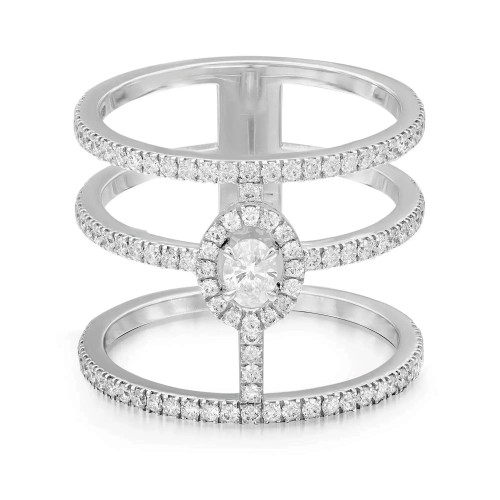 An image of a Messika women's Glam'Azone 3 Row diamond band 18k white gold ring, presented on a white background. The ring features a unique multi-band design with two parallel bands and a central band intersecting at an angle. The central band culminates in a large, prong-set diamond surrounded by a halo of smaller diamonds. Each band is encrusted with small, round-cut diamonds, enhancing the ring's sparkle. The view is head-on, showing the ring's intricate details and the reflective quality of the polished metal and diamonds. The image is taken from a medium distance, allowing for a clear view of the entire ring structure.