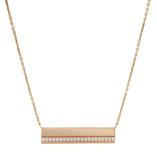 An image of a women's Messika Kate 18k rose gold necklace with diamonds, featuring a horizontal gold bar pendant with a row of sparkling diamonds along the lower edge. The necklace is presented against a white background, with the pendant centered and in focus, shown at a straight-on angle to highlight its design. The gold chain is visible on either side of the pendant, suggesting a mid-distance view that showcases the piece's elegance and simplicity.