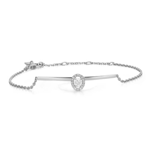 An image of a Messika women's Glam'Azone chain 18k white gold bracelet featuring diamonds, displayed on a plain white background. The bracelet is oriented horizontally across the center of the frame with a slight perspective angle showing the design depth. A circular diamond centerpiece is prominently positioned in the middle with smaller diamonds encircling a larger one. The bracelet's chain extends from both sides of the centerpiece, showcasing a delicate and intricate design with a clasp visible on the left side. The image is taken from a medium distance, allowing the entire bracelet to be visible with clear details of the diamonds and craftsmanship.
