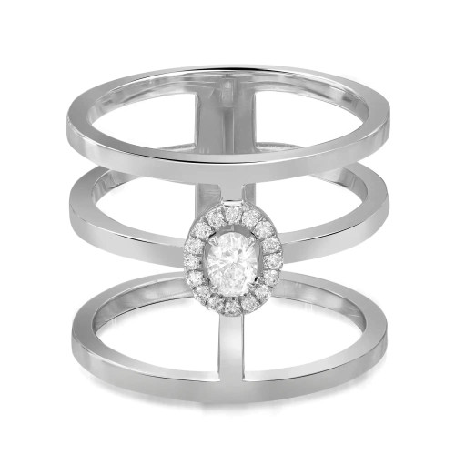 An image of a Messika women's Glam'Azone 3 row diamond band ring, positioned centrally and viewed from a frontal angle at a close distance. The ring features a unique triple-band design with the top band showcasing a prominent central diamond encircled by smaller diamonds, creating a halo effect. The metal appears polished 18k white gold, and the ring is set against a white background to highlight its intricate details and sparkle.