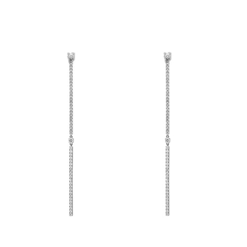 An image of a pair of Messika women's Barrettes Gatsby 18k white gold earrings with diamonds, presented in a front-facing view against a white background. The earrings are aligned vertically and symmetrically, showcasing a linear drop design with a larger diamond at the top and smaller diamonds encrusted along the entire length. The image is taken from a medium distance, allowing clear visibility of the earrings' details and sparkle.