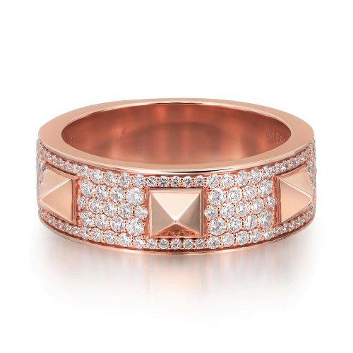 An image of a Messika women's Spiky band ring with diamonds, presented in a close-up view against a white background. The ring is centered and shown from a slightly elevated angle to highlight the intricate design and sparkle of the diamonds. The 18k rose gold band is encrusted with multiple round-cut diamonds, complemented by geometric rose gold accents that create a luxurious and elegant appearance. The composition is such that the details of the ring's design and the brilliance of the diamonds are clearly visible, with the ring occupying a prominent position in the frame.