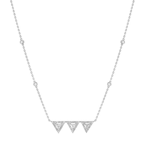 An image of a Messika women's Thea Toi and Moi chain 18k white gold necklace with diamonds, displayed on a white background. The necklace is in a straight, horizontal position, with a close-up front view, showing three prominent diamond-studded triangles at the center, evenly spaced and connected by a delicate chain with several smaller diamonds embedded at intervals. The intricate details and facets of the diamonds are visible due to the angle and proximity of the photograph.