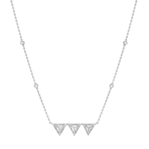 An image of a Messika women's Thea Toi and Moi chain 18k white gold necklace with diamonds, displayed on a white background. The necklace is in a straight, horizontal position, with a close-up front view, showing three prominent diamond-studded triangles at the center, evenly spaced and connected by a delicate chain with several smaller diamonds embedded at intervals. The intricate details and facets of the diamonds are visible due to the angle and proximity of the photograph.