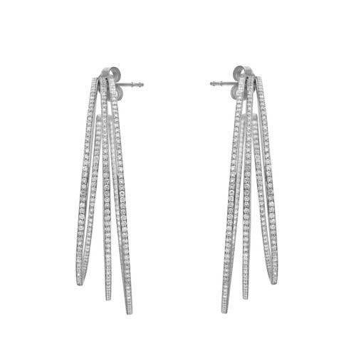 An image of a pair of women's Messika Gatsby hoop earrings with diamonds, displayed on a white background. The earrings feature multiple vertical, slender bars encrusted with small, round diamonds, creating a sparkling effect. The earrings are positioned symmetrically, facing forward, with their posts visible at the top, designed for piercing. The distance appears close-up, allowing for clear visibility of the diamond details and the polished 18k white gold.