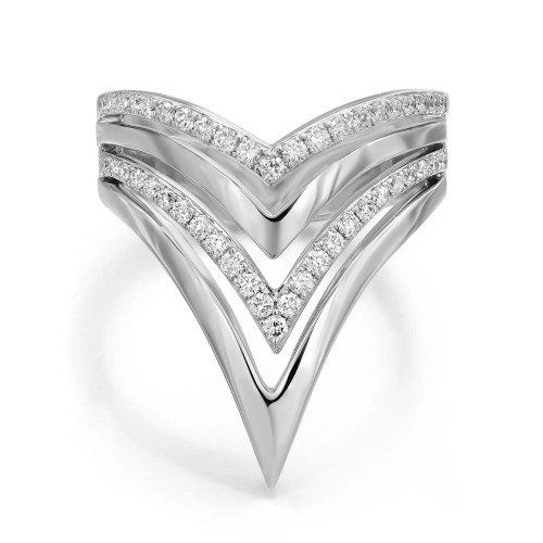An image of a women's Messika Queens V Semi Pavee ring with diamonds, featuring a unique multi-layered V-shaped design. The ring is presented in a close-up, front-facing view against a white background, emphasizing its intricate craftsmanship and the sparkling row of diamonds set along the top edges of the chevron pattern. The metal's 18k white gold polished surface enhances the ring's luxurious appeal.