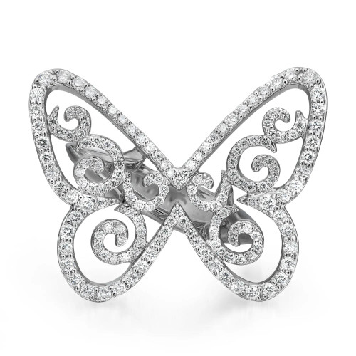 An image of a women's Messika brand Butterfly Arabesque 18k white gold ring with diamonds, showcasing a butterfly-shaped design encrusted with sparkling stones. The ring is presented in a front-facing view with a slight elevation, giving a clear perspective of the intricate patterns and the shimmering diamonds. The image is taken from a close-up angle to highlight the details of the craftsmanship, with a focus on the entirety of the ring against a white background.