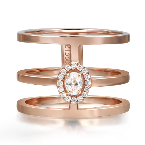 An image of a women's Messika brand Glam'Azone 3 row diamond band 18k rose gold ring, displayed in a frontal view with a slight tilt angle. The ring features a central large diamond surrounded by smaller diamonds set in a circular pattern, all mounted on a polished rose gold band. The band's thickness is uniform, and the ring is shown in a close-up view, occupying the central portion of the image against a white background. 