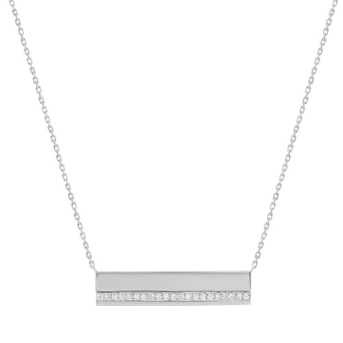 An image of a Messika brand Kate Horizontal Bar pendant 18k white necklace for women, featuring a horizontal bar pendant with a row of diamonds. The necklace is shown against a white background with the chain displayed diagonally across the view. The pendant is centered and closely-up, providing a clear view of the sparkling diamonds set within the bar.